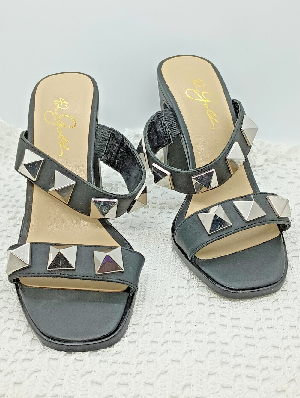 42 Gold Lara Dress Sandal Silver Stud Slide-on Heels Open Square Toe